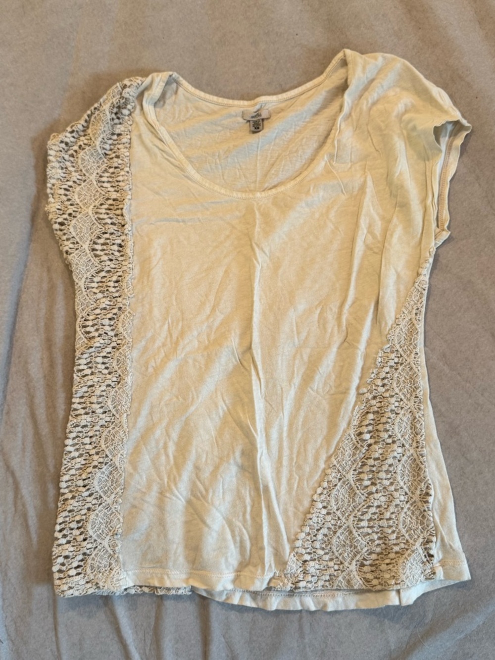 Ecote Cream Scoop Neck Lace-Panel Short Sleeve Top